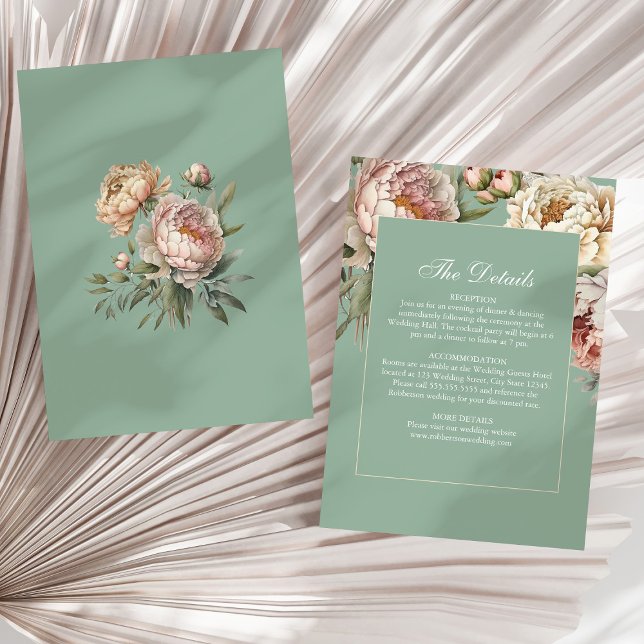 Sage Green Peony Garden Wedding Details Card (Pastel Sage & Blush Peonies Wedding Details Card on a sunny neutral dry palm leaf.)