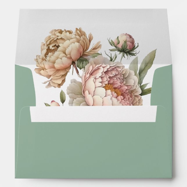 Sage Green Peony Garden Wedding Envelope (Back (Bottom))