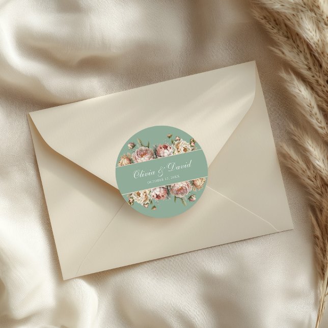 Sage Green Peony Garden Wedding Round Sticker (Elegant Blush Dusty Rose Peonies Pastel Sage Classic Round Sticker on a small envelope.)