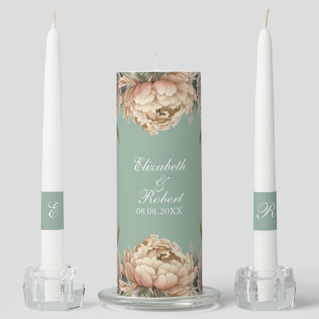 Sage Green Peony Garden Wedding Unity Candle Set (Front)