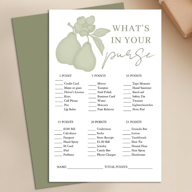 Sage Green Perfect Pear Bridal Shower Purse Game (What's in your purse)
