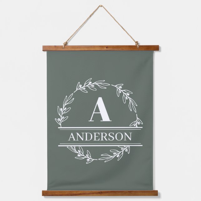 Sage Green Personalized Family Monogram Wall  Hanging Tapestry (Front)