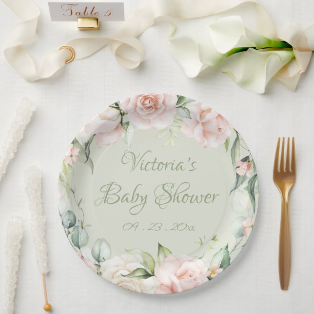 Sage Green Personalized Floral Baby Shower  Paper Plates (Wedding)