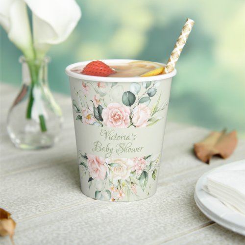 Sage Green Personalized Modern Floral Baby Shower Paper Cups