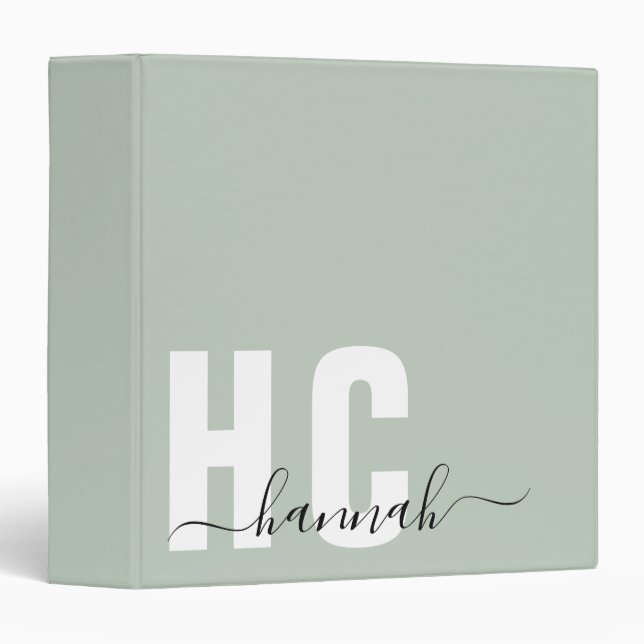 Sage Green Personalized Modern Monogram Name 3 Ring Binder (Front/Spine)