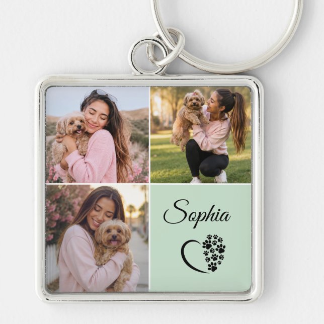 Sage Green Personalized Name 3 Photo  Keychain (Front)