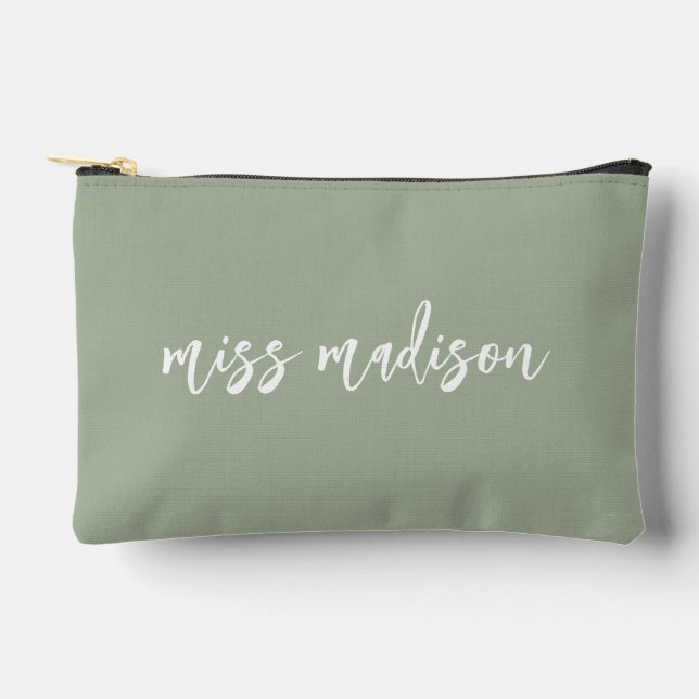 Sage Green Personalized Teacher's Name Script Accessory Pouch (Front)