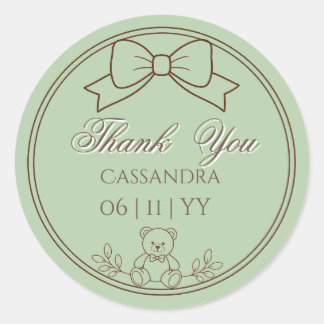 Sage Green Personalized Teddy Bear Bow Classic Round Sticker