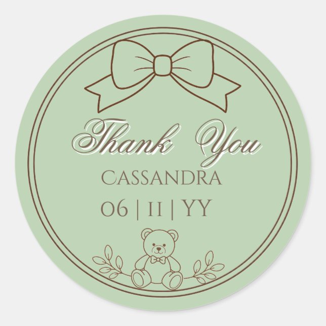 Sage Green Personalized Teddy Bear Bow Classic Round Sticker (Front)
