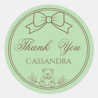 Sage Green Personalized Teddy Bear Bow Classic Round Sticker