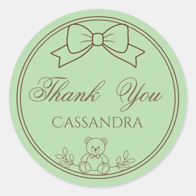 Sage Green Personalized Teddy Bear Bow Classic Round Sticker (Front)