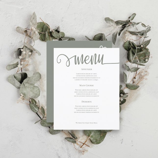 Sage Green Personalized Wedding Menu (Sage Green Personalized Wedding Menus from Ricaso. Add your own text to these delightful menu cards)