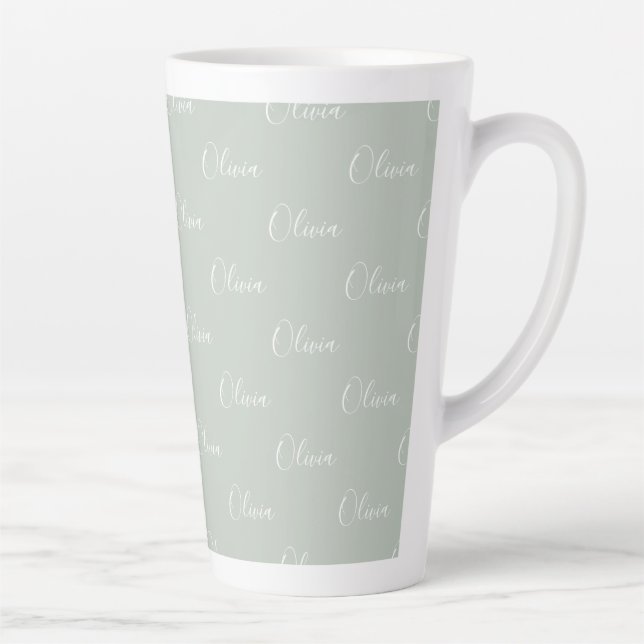 Sage Green Personalized White Script Name Latte Mug (Right)