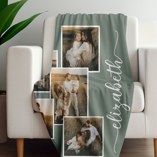 Sage Green Personalized With Name 5 Photo Collage  Fleece Blanket (Creator Uploaded)