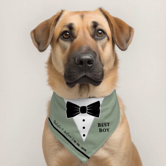 Sage Green Pet Tuxedo Couple Names Wedding Date Bandana Collar (Dog 2)