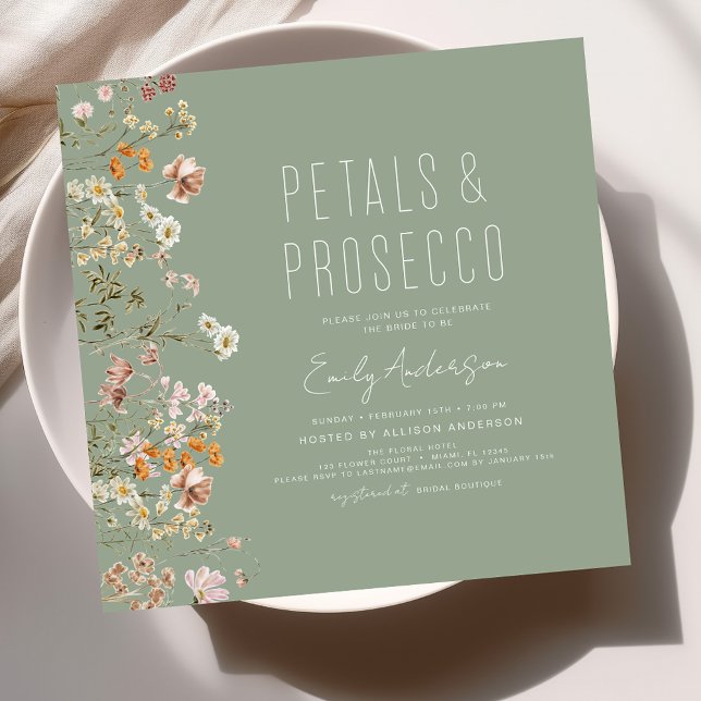 Sage Green Petals & Prosecco Bridal Shower Invitation (Creator Uploaded)