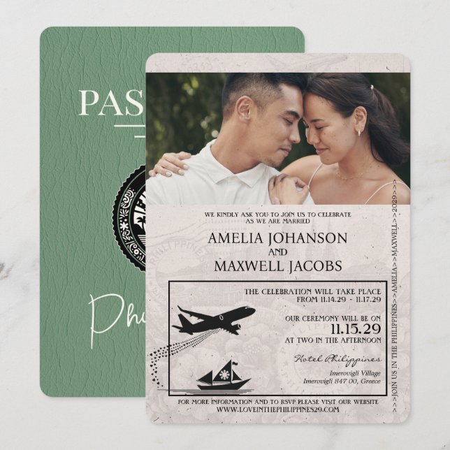 Sage Green Philippines Passport Wedding Invitation (Front/Back)