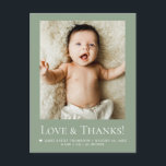 Sage Green Photo Baby Love & thanks Modern  Postcard<br><div class="desc">Share your gratitude in style with this modern sage green baby "Love and thanks" thank-you postcard featuring a full newborn photo and birth stats. The fresh, soft green border adds a warm, earthy touch—perfect for modern announcements and minimalist baby stationery. Personalize the message on the back for a heartfelt note...</div>