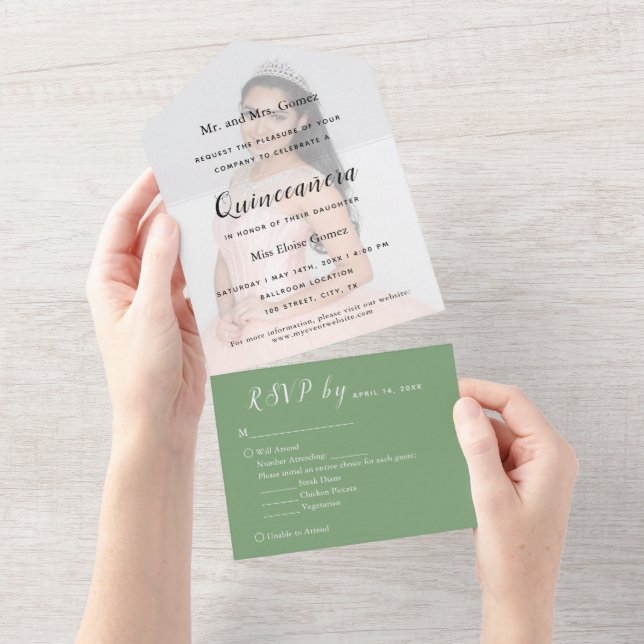 Sage Green Photo Backdrop RSVP Event Invitation (Tearaway)