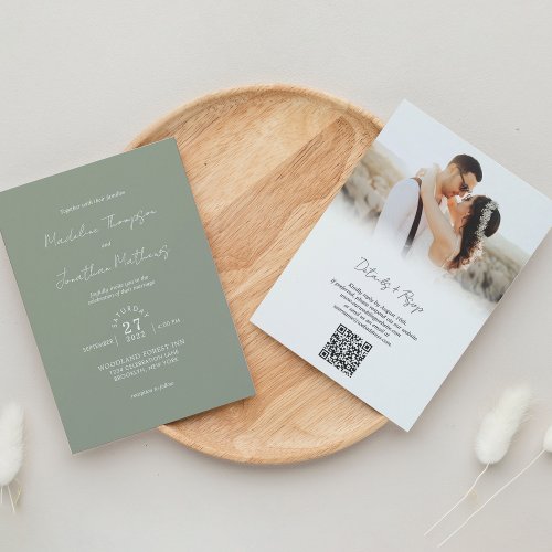 Sage Green Photo Budget Wedding QR Code Rsvp Invitation
