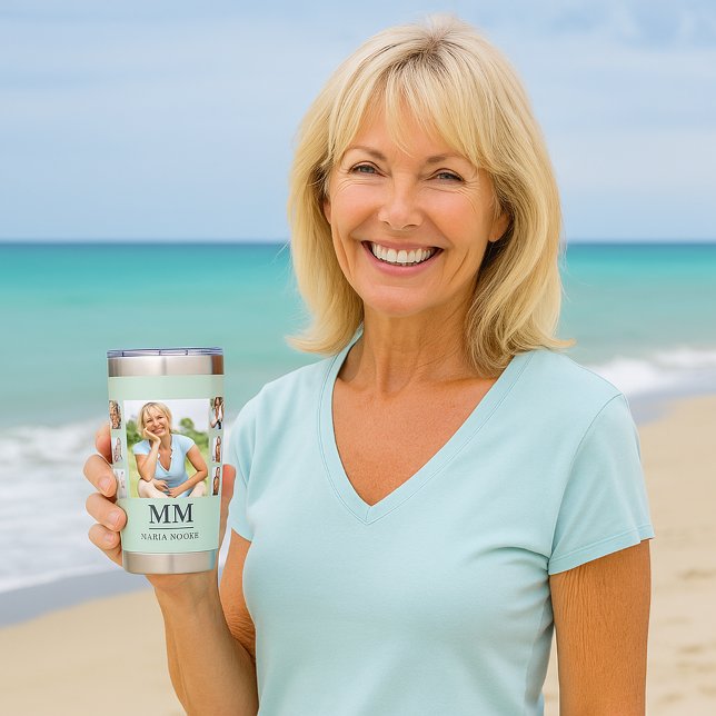 Sage green photo collage monogram name insulated tumbler (Creator Uploaded)