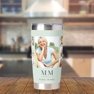 Sage green photo collage monogram name insulated tumbler