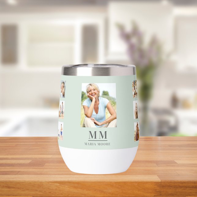 Sage green photo collage monogram name thermal wine tumbler (Creator Uploaded)