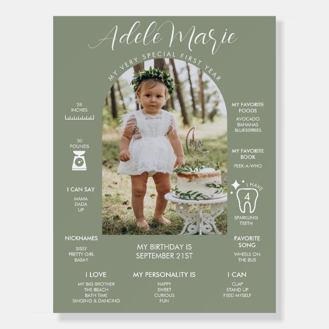Sage Green Photo First Birthday Milestone Foam Boa Foam Board (Front)