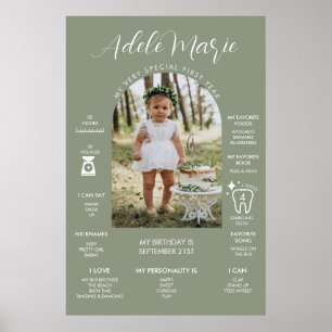 Sage Green Photo First Birthday Milestone Poster