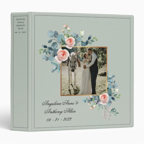 Sage Green Photo Floral Script Wedding Keepsake 3 Ring Binder