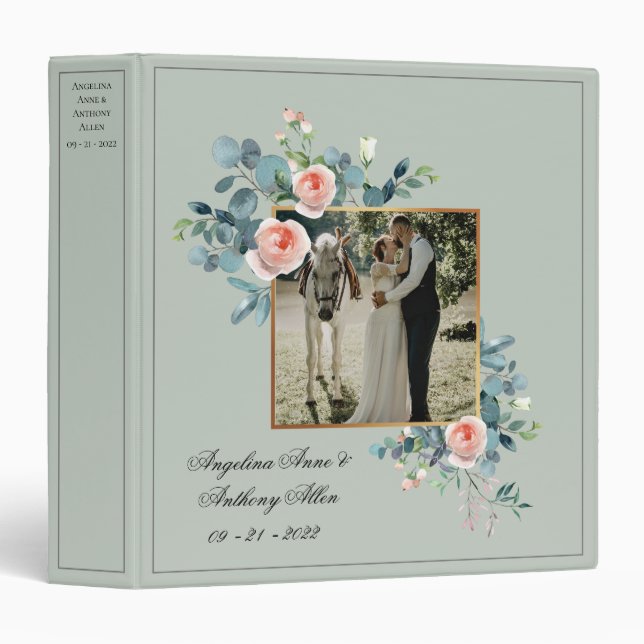 Sage Green Photo Floral Script Wedding Keepsake 3 Ring Binder (Front/Spine)