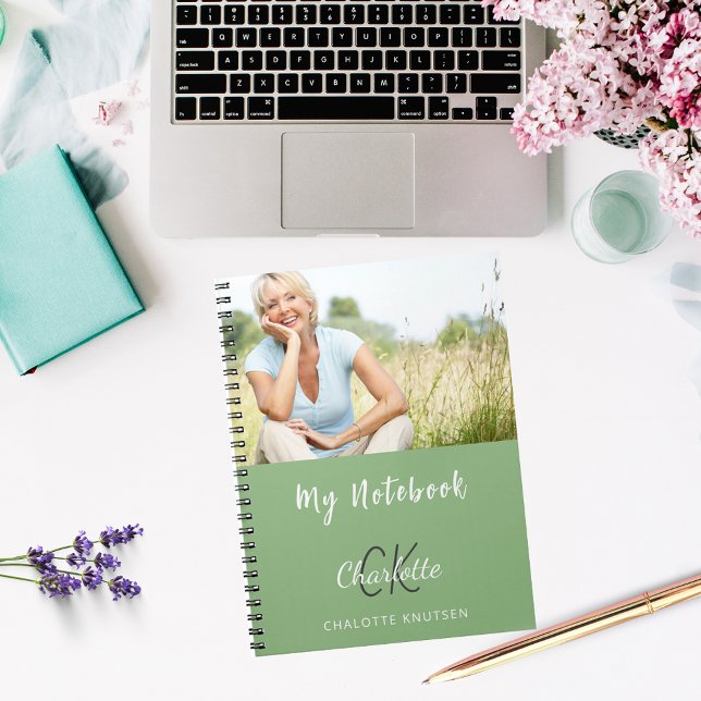 Sage green photo monogram name notebook (Creator Uploaded)