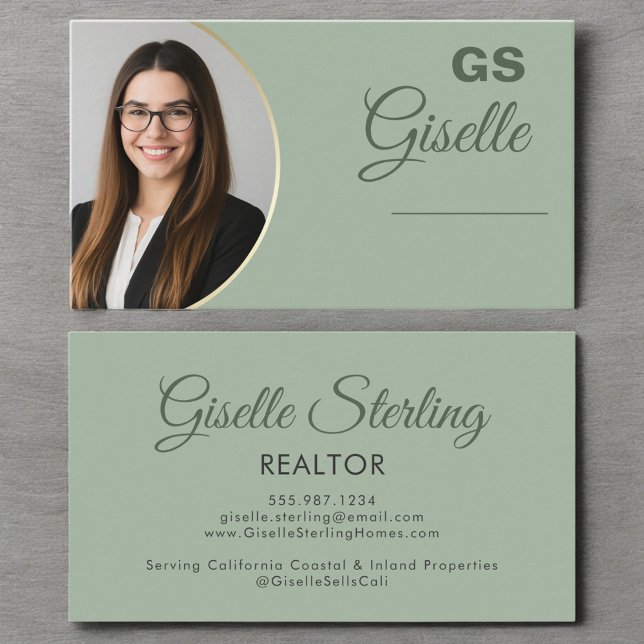 Sage Green Photo Monogram Realtor Luxury  Business Card (Creator Uploaded)