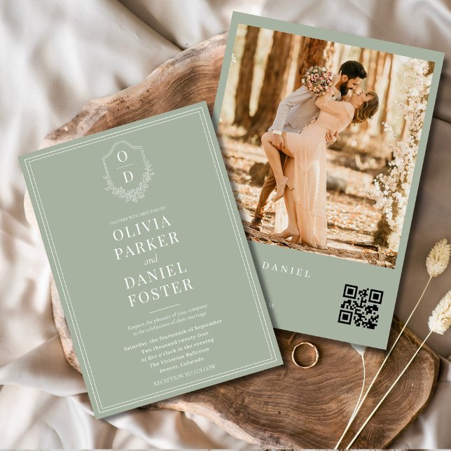 Sage Green Photo QR Code Classic Crest Wedding Invitation (Creator Uploaded)