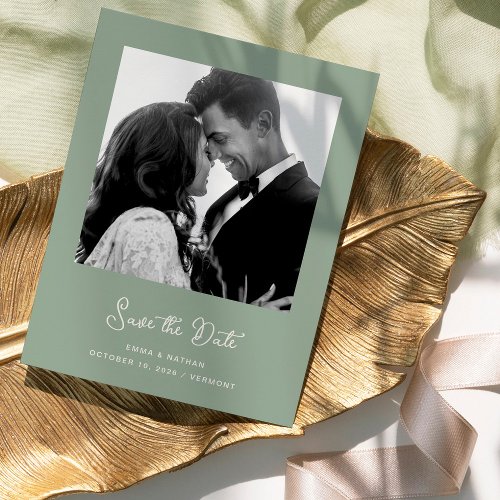 Sage Green Photo  QR Code Save The Date Announcement Postcard