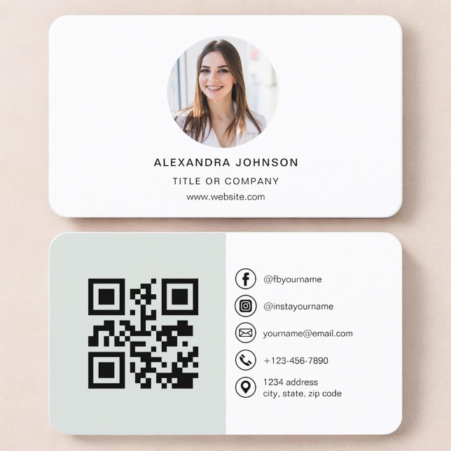 Sage Green Photo QR Code Social Media Business Card (Creator Uploaded)