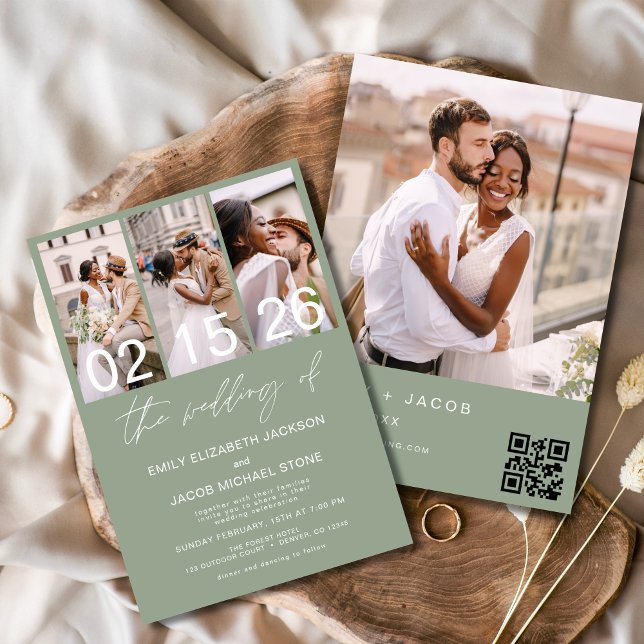 Sage Green Photo QR code Wedding Minimalist  Invitation (Creator Uploaded)
