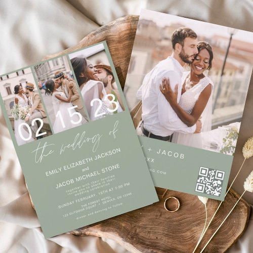 Sage Green Photo QR code Wedding Minimalist  Invitation