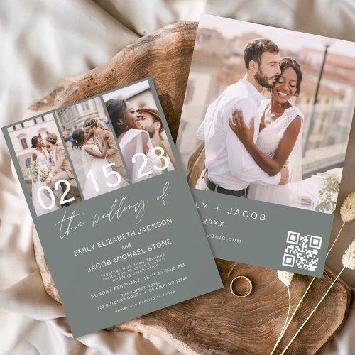Sage Green Photo QR code Wedding Minimalist  Invitation