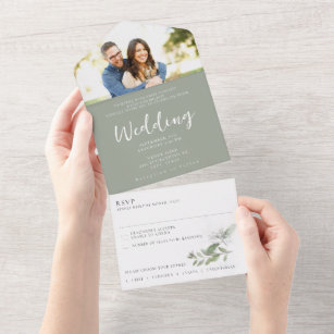 Sage Green Photo RSVP Wedding Seal and Send Suite All In One Invitation