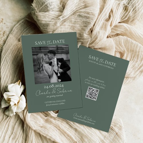 Sage Green Photo Save the Date Card with QR Code 