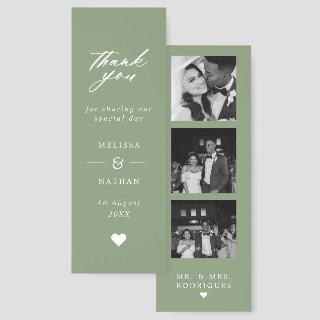 Sage Green Photo Strip Wedding Thank You Bookmarks (Front & Back)