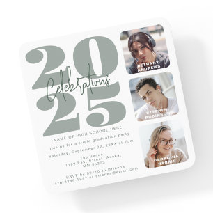 Sage Green Photo Triple Graduation Invitation