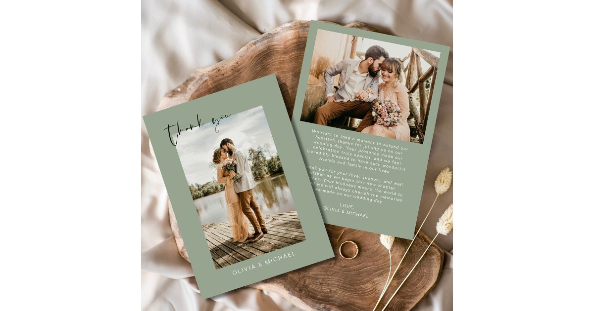 Sage Green Photo Wedding Elegant Thank You Card | Zazzle