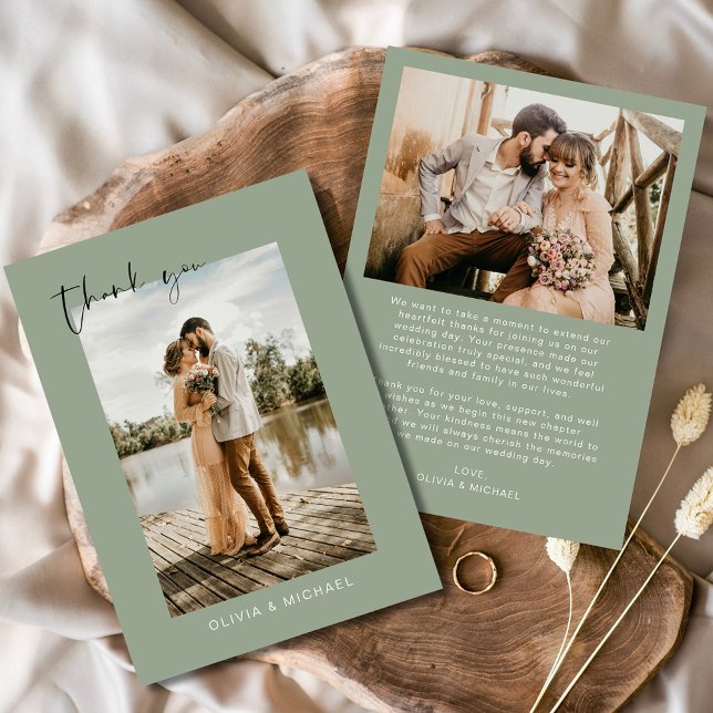 Sage Green Photo Wedding Elegant Thank You Card (Creator Uploaded)