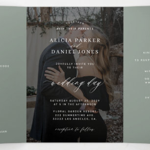 Sage green photo wedding RSVP details QR code Tri-Fold Invitation