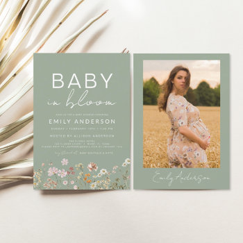 Sage Green Photo Wildflower Baby In Bloom Shower Invitation by Hot_Foil_Creations at Zazzle