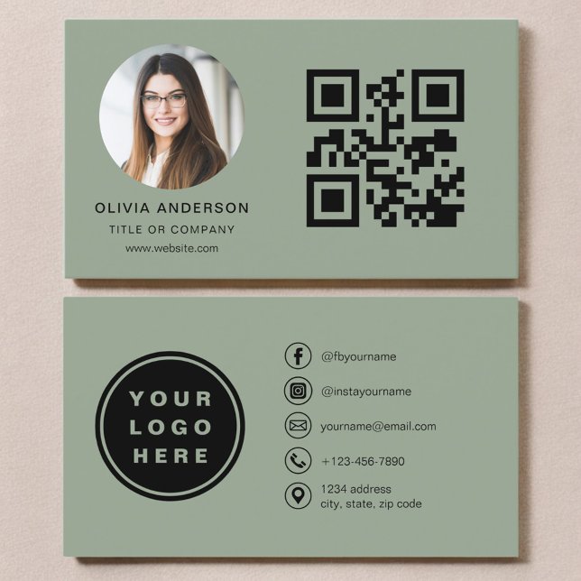 Sage Green Photo with QR Code Social Media Business Card (Creator Uploaded)