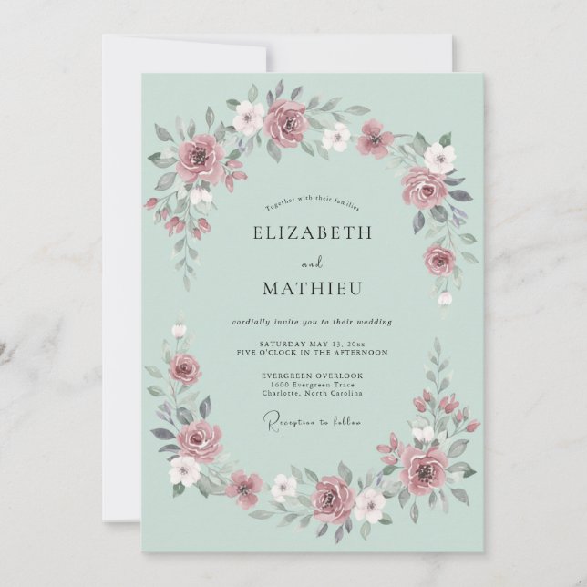 Sage Green Picturesque Rose Wedding Invitation (Front)