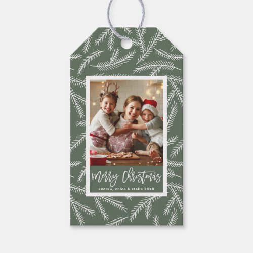 Sage Green  Pine Branch Merry Christmas Photo Gift Tags